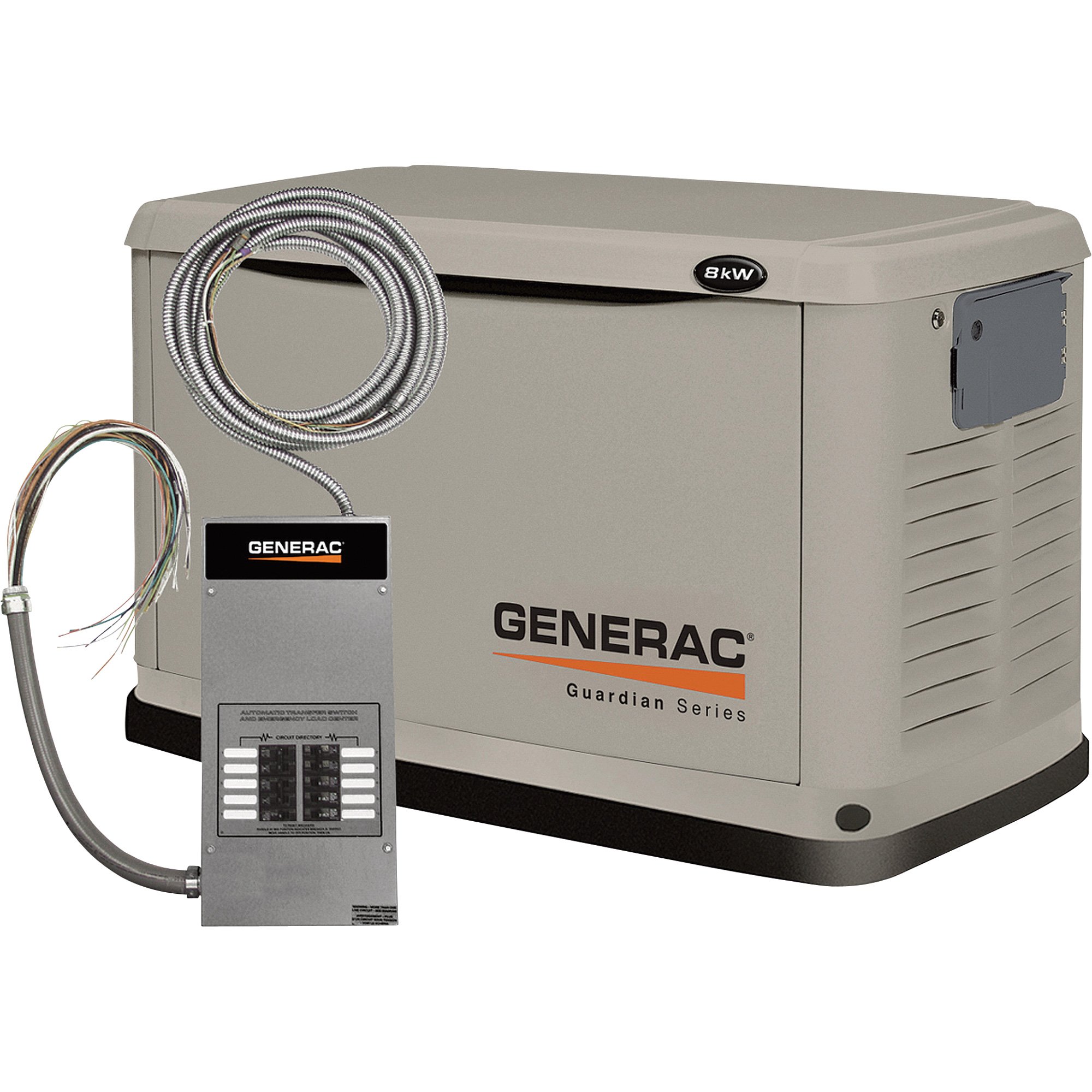 Please see replacement Item# 54265. Generac Guardian Air-Cooled Standby Generator — 8kW (LP)/7kW (NG), 50 Amp 10-Circuit Prewired Transfer Switch, Model# 6237